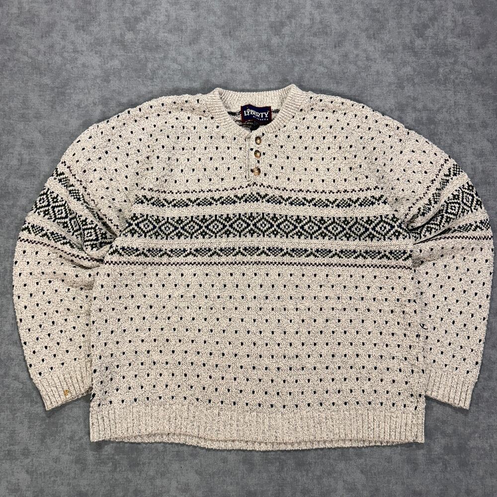Vintage 90s Liberty by Exacta Fair Isle Knit Henley Sweater USA Made Mens XXL